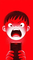 stylized vertical illustration of a cartoon boy screaming in anger while holding a smartphone. The background is bright red, symbolizing digital rage or online frustration.