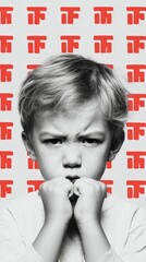 Black and white photo of a young blond boy clenching fists in front of a background patterned with red symbols, showing emotion and defiance.