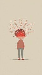 Vertical illustration of cartoon boy with red light and lightning bolts from head representing anger and mental overload stress, mental health, burnout, emotions, frustration, children psychology,