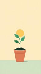 Minimal cartoon illustration of green sprout in terracotta pot with yellow sun symbolizing life, energy and growth
renewable energy, sustainability, agriculture, nature, ecology, children education