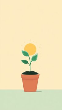 Minimal cartoon illustration of green sprout in terracotta pot with yellow sun symbolizing life, energy and growth
renewable energy, sustainability, agriculture, nature, ecology, children education