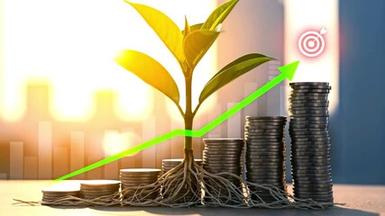Investment concept with growing plant and financial growth, symbolizing business success.