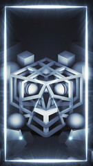 Obraz premium Futuristic geometric sculpture with glowing neon lights and spheres inside a rectangular frame.