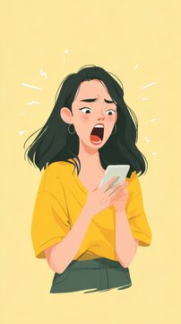 Stress and bad news concept with one young European type woman shocked while reading smartphone, illustration, vertical, yellow background, copy space, communication technology emotions