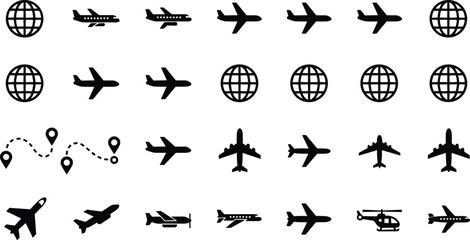 Air Travel and Aviation Icon Set with Airplanes, World Globes, Flight Routes, Helicopter and Transport Symbols Vector Illustration Collection © All in one