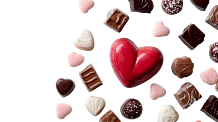 Assorted chocolates and candies floating around a red heart on white isolated on transparent background