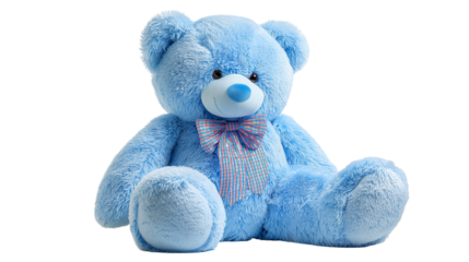 Cute blue teddy bear sitting isolated on transparent background with bow