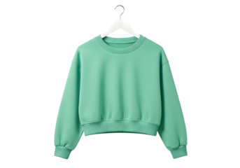 Mint green cropped sweatshirt on hanger isolated on a transparent background