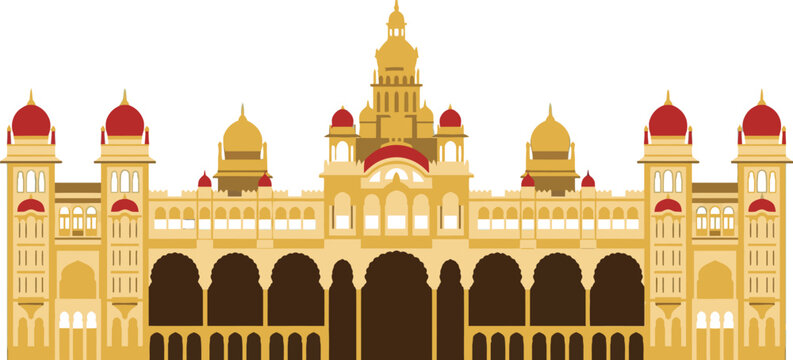 Detailed illustration of the famous Mysore Palace in Karnataka India, a historic royal residence with red domes and arches, representing Indo-Saracenic architecture.