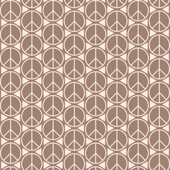 Naklejka premium Seamless repeating pattern of peace symbols in a soft neutral color palette. Minimal geometric design suitable for wallpaper, fabric, packaging, and modern backgrounds