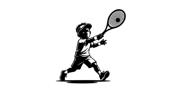A junior tennis player (child) with an oversized racket, hitting a ball, family sport theme.