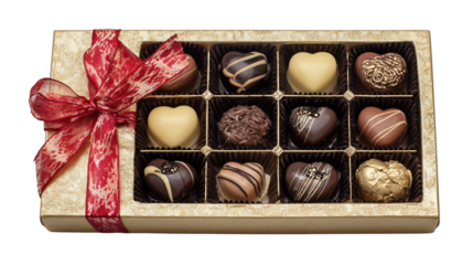 A box of assorted chocolates with a red ribbon on top isolated on transparent background