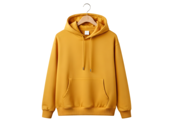 Yellow hoodie with drawstrings and pocket isolated on a transparent background