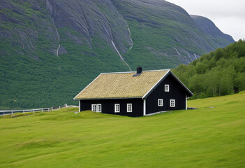 Obraz premium Scandinavian wooden house in rural Norway, with grass roof, fjord view