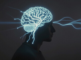 Digital neural connections illuminate the brain within a profile silhouette, symbolizing artificial intelligence or thought processes.