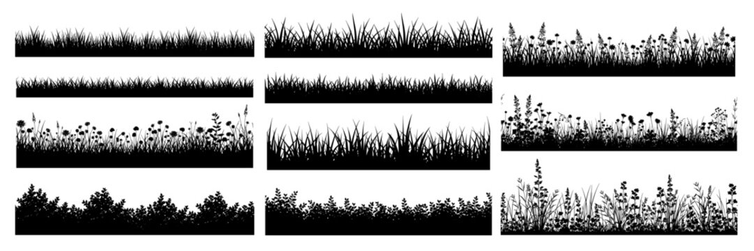 Grass, lawn, wild flowers, leaves black silhouette seamless dividers. Spring meadow, floral garden horizontal border landscape element vector set