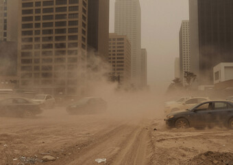 A severe dust storm engulfs a busy city street, obscuring tall skyscraper buildings and traffic below in a thick, brown cloud.