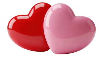 Red and pink glossy heart shapes love symbol 3D render isolated on transparent background
