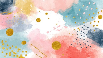 Watercolor abstract with gold accents and soft pinks, blues, and corals