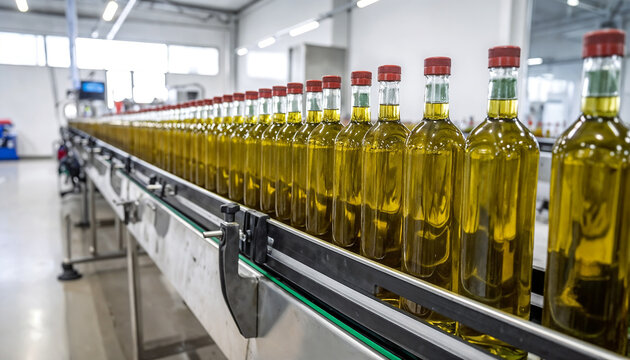 Rows of olive oil bottles move along a modern conveyor belt in a production facility - Powered by Adobe