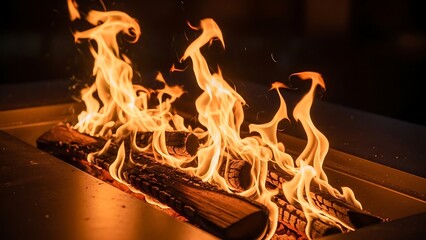 Burning logs in a fire pit with metal frame flames wood