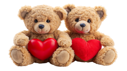 Two brown teddy bears holding red hearts on black background