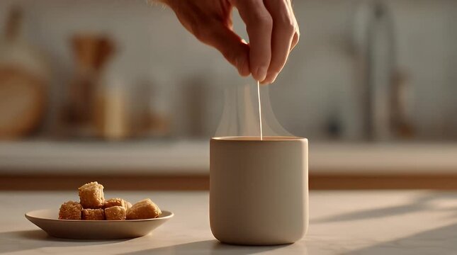  Hand Dipping Tea Bag into Ceramic Cup with Fried Snacks in Minimalist Kitchen 1