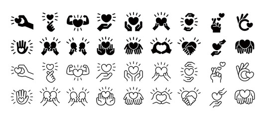 ハートと手のモノクロアイコンセット,恋愛や結婚、バレンタイン、チャリティーイベントのアイコン