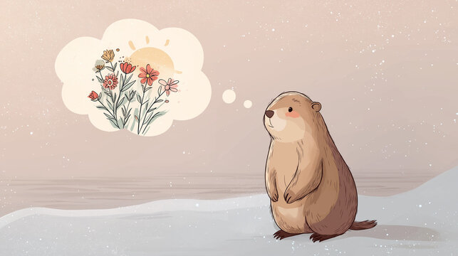 Illustration of groundhog in snow dreaming about spring flowers and sun