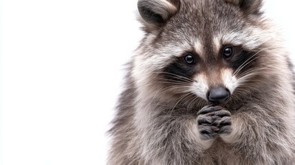 Obraz premium The Raccoon Portrait Showing Fluffy Curious Expression With Paws Near Mouth On White Background