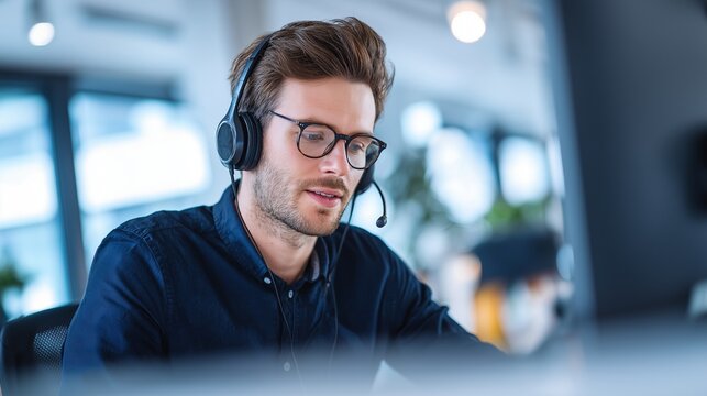 Professional male customer service operator in 30s with beard and glasses wearing headset, working in office