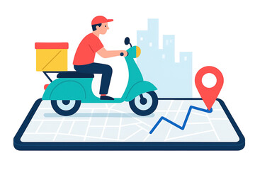 Fototapeta premium Delivery man riding bicycle with parcel boxes on city map background with gps location pins for online shopping and shipping service concept.