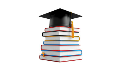 A stack of books with a graduation cap on top on transparent background
