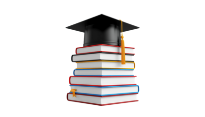 A stack of books with a graduation cap on top on transparent background