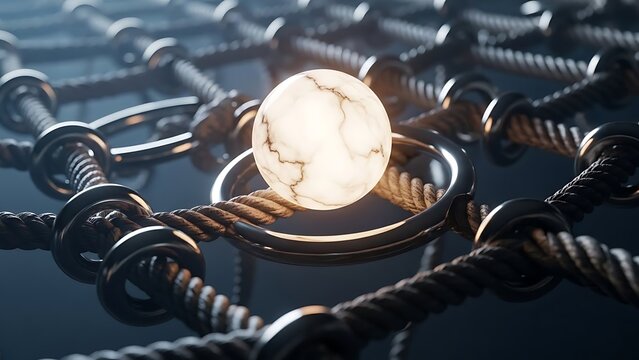 Glowing marble sphere captured in a dark rope and metal ring network, symbolizing connectivity, data node, or central idea.