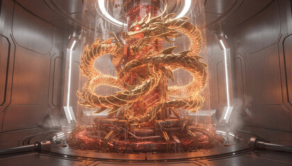 Realistic sci‑fi energy reactor with abstract dragon‑inspired curves, glowing red and gold coils, polished metal chamber, and soft atmospheric haze.
