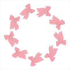 Vintage ribbon frame with romantic bows for Valentine's Day, baby shower and birthday party. Hand drawn circle wreath with copy space. Vector illustration for cards, invitations, packaging, branding