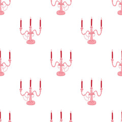 Vintage candelabra seamless pattern. Whimsical festive background in pink tones for Valentine's Day. Vector hand drawn candleholder illustration for fabric, packaging, wrapping paper, wallpaper