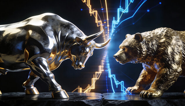 Abstract metallic bull and bear sculptures in a tense standoff on a matte black platform, with gold and silver reflections and dynamic light trails symbolizing opposing market forces.