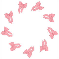 Circle frame with vintage romantic bow for Valentine's Day, baby shower and birthday party. Hand drawn wreath with copy space for text. Vector illustration for cards, invitations, packaging, branding