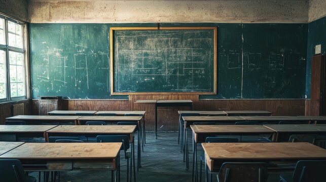 A dark classroom with empty desks and a chalkboard full of erased lessons conveying neglect and ignorance