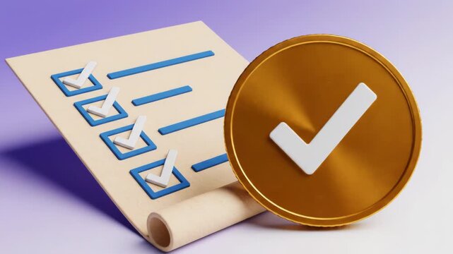 3d illustration of a gold coin with a checklist on a purple background