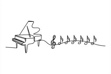 Abstract piano keyboard with flowing musical notes line art vector illustration