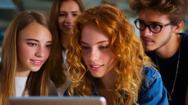 A group of friends engaging with a laptop, showcasing excitement and joy as they share an interesting moment together, exemplifying camaraderie and connection through shared experiences.