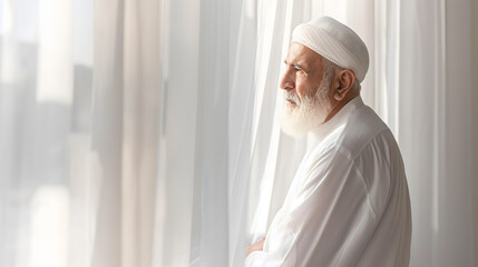 An elderly Muslim man in white attire looking out of a window a contemplative expression