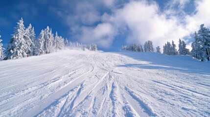 Fototapeta premium A ski slope with fresh powder snow and a clear incline ready for thrilling downhill runs on a crisp winter day