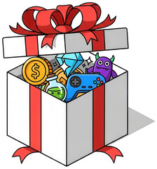 Open present png Full box cutout Gaming reward png Fantasy treasure cutout Cartoon gift png Colorful surprise cutout Playful loot png Valuable present cutout isolated transparent background image