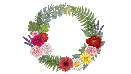 Naklejka premium A beautiful floral wreath made of colorful flowers and green leaves on a white background