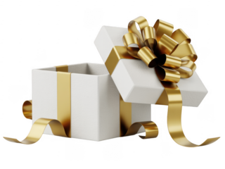 White gift box with gold ribbon and bow gold bow present isolated on a transparent background