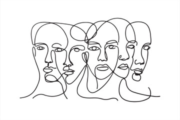 Set of stylized men faces, Hand drawn abstract faces in line art style, Set of Line art portrait African American man.